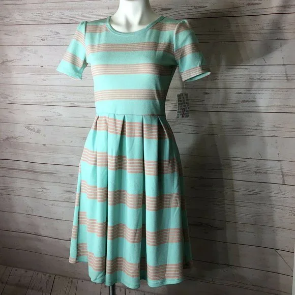 Lularoe Dresses | Lularoe Amelia Women S Mint Green Coral Pink Stripe Fit Flare Dress Zip Back New | Color: Green/Pink | Size: S | Hollypebbles331'S